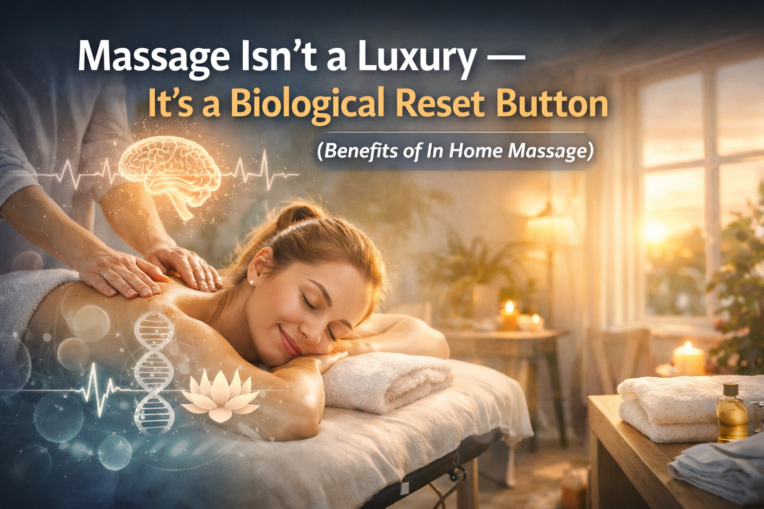 Relaxed woman receiving an in-home massage therapy session in a calm bedroom setting illustrating the biological reset benefits of mobile massage.