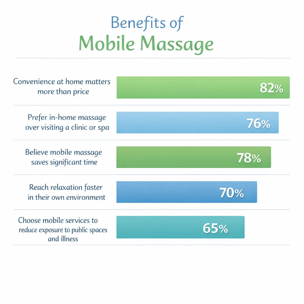 Infographic titled “Benefits of Mobile Massage” showing survey results: 82% say home convenience matters more than price, 76% prefer in home massage over a clinic or spa, 78% believe it saves time, 70% relax faster at home, and 65% choose it to reduce exposure to public spaces and illness.