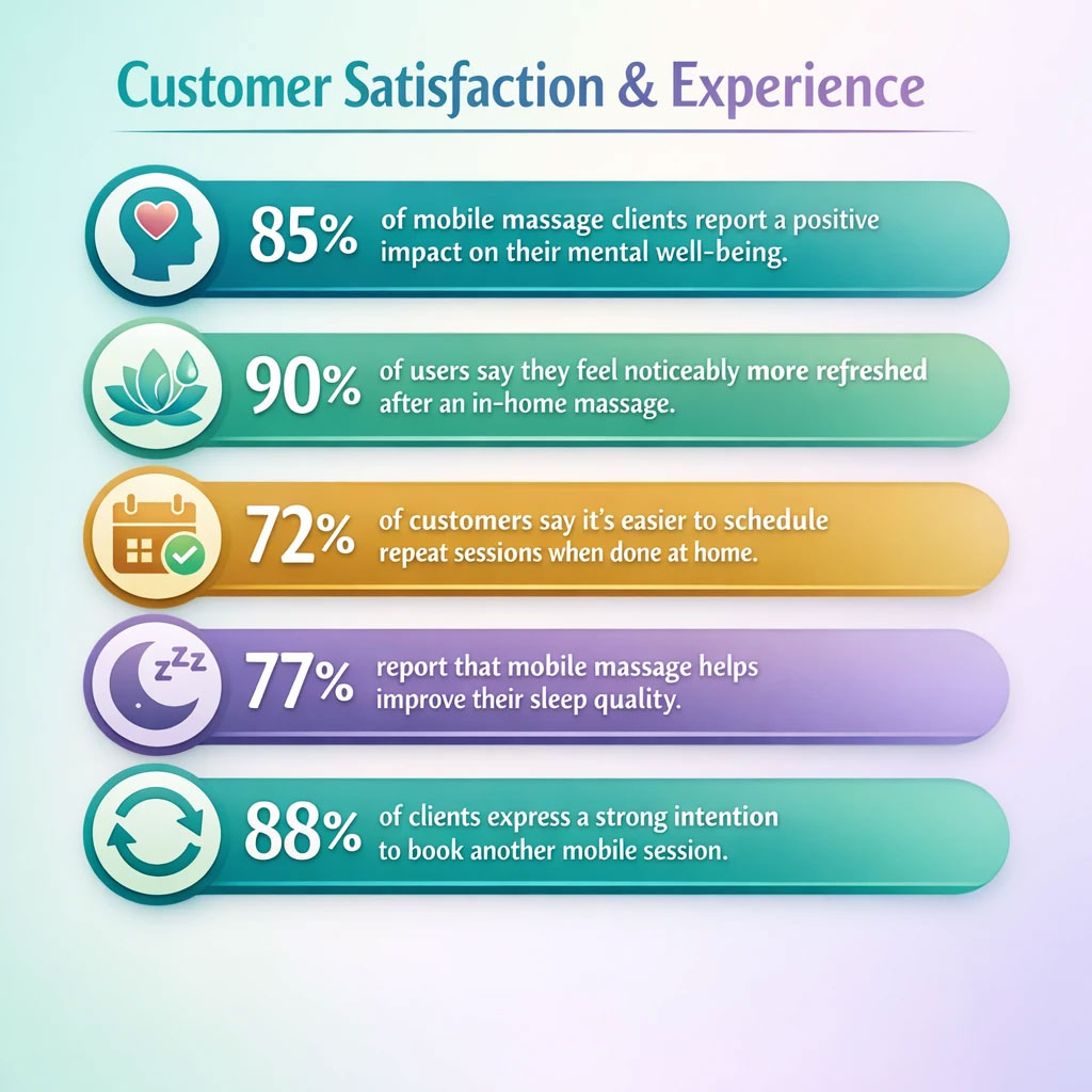 Infographic titled “Customer Satisfaction & Experience” showing survey results for mobile massage services: 85% report improved mental well being, 90% feel more refreshed, 72% say scheduling repeat sessions at home is easier, 77% report better sleep, and 88% plan to book another session.