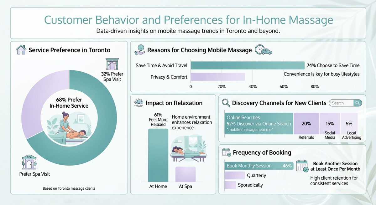 Infographic about customer preferences for in home massage in Toronto showing 68% prefer in home service over 32% spa visits, 74% choose it to save time, 61% feel more relaxed at home, 52% find services via online search, and 46% book monthly sessions. Infographic about customer preferences for in home massage in Toronto showing 68% prefer in home service over 32% spa visits, 74% choose it to save time, 61% feel more relaxed at home, 52% find services via online search, and 46% book monthly sessions.