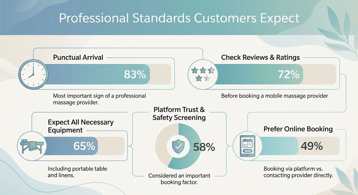 Infographic showing what customers expect from professional mobile massage providers: 83% value punctual arrival, 72% check reviews and ratings, 65% expect necessary equipment, 58% care about platform trust and safety screening, and 49% prefer online booking. Infographic showing what customers expect from professional mobile massage providers: 83% value punctual arrival, 72% check reviews and ratings, 65% expect necessary equipment, 58% care about platform trust and safety screening, and 49% prefer online booking.