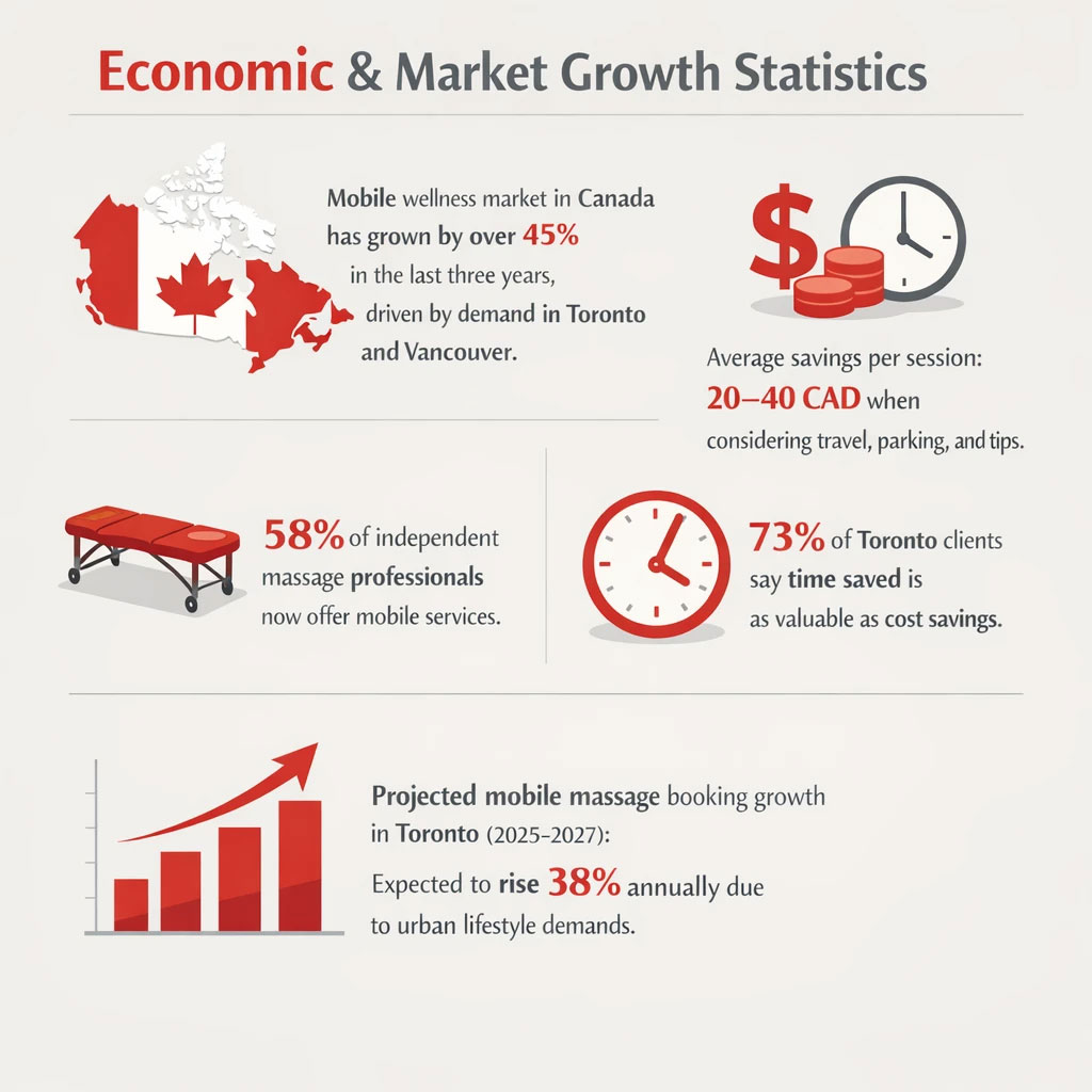 Infographic showing key stats on Canada’s mobile wellness growth, including market growth, cost savings, rising mobile service adoption, and strong booking increases in Toronto. Infographic showing key stats on Canada’s mobile wellness growth, including market growth, cost savings, rising mobile service adoption, and strong booking increases in Toronto.