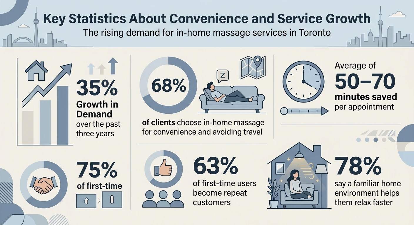 Infographic titled “Key Statistics About Convenience and Service Growth” for in-home massage in Toronto. Key data includes: 35% growth in demand over three years, 68% choose it for convenience and avoiding travel, 50–70 minutes saved per appointment, 63% of first-time users become repeat customers, and 78% relax faster in a familiar home environment. Infographic titled “Key Statistics About Convenience and Service Growth” for in-home massage in Toronto. Key data includes: 35% growth in demand over three years, 68% choose it for convenience and avoiding travel, 50–70 minutes saved per appointment, 63% of first-time users become repeat customers, and 78% relax faster in a familiar home environment.