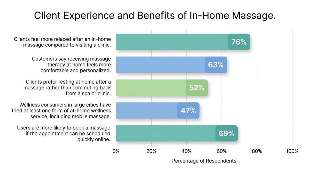 Horizontal bar chart showing client experience and benefits of in-home massage, highlighting relaxation, comfort, convenience, and online booking preference percentages.