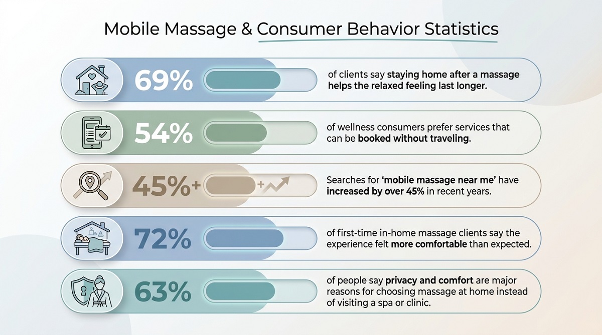 Infographic showing mobile massage and consumer behavior statistics about comfort, privacy, convenience, and in-home wellness preferences. Infographic showing mobile massage and consumer behavior statistics about comfort, privacy, convenience, and in-home wellness preferences.
