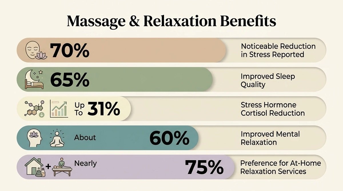 Infographic showing massage and relaxation benefits, including stress reduction, better sleep, cortisol reduction, and improved mental relaxation.