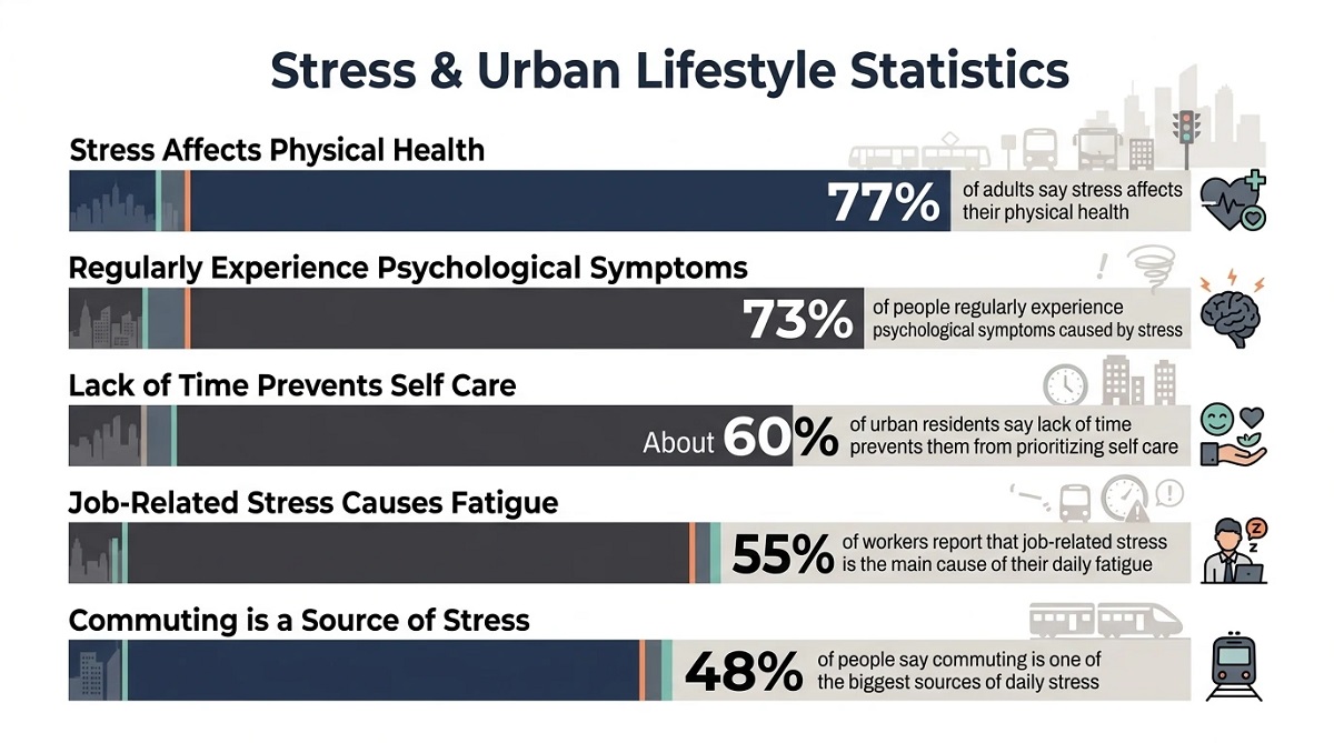 Infographic showing stress and urban lifestyle statistics, including health effects, fatigue, commuting stress, and lack of self-care.