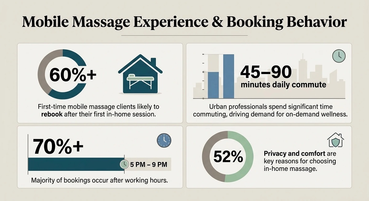 Infographic showing mobile massage trends: 60%+ rebook after first session, commuters spend 45–90 minutes daily, 70%+ bookings happen 5–9 PM, and 52% choose in home massage for privacy and comfort Infographic showing mobile massage trends: 60%+ rebook after first session, commuters spend 45–90 minutes daily, 70%+ bookings happen 5–9 PM, and 52% choose in home massage for privacy and comfort