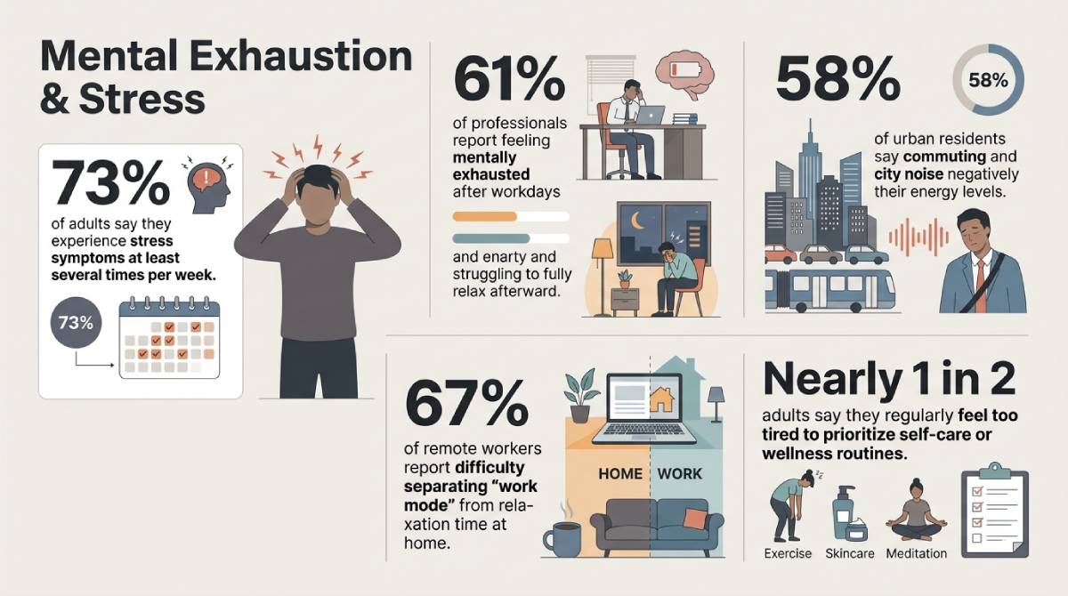 Infographic titled ‘Mental Exhaustion & Stress’ with statistics on workplace burnout, urban fatigue, remote work-life balance, and barriers to self-care Infographic titled ‘Mental Exhaustion & Stress’ with statistics on workplace burnout, urban fatigue, remote work-life balance, and barriers to self-care