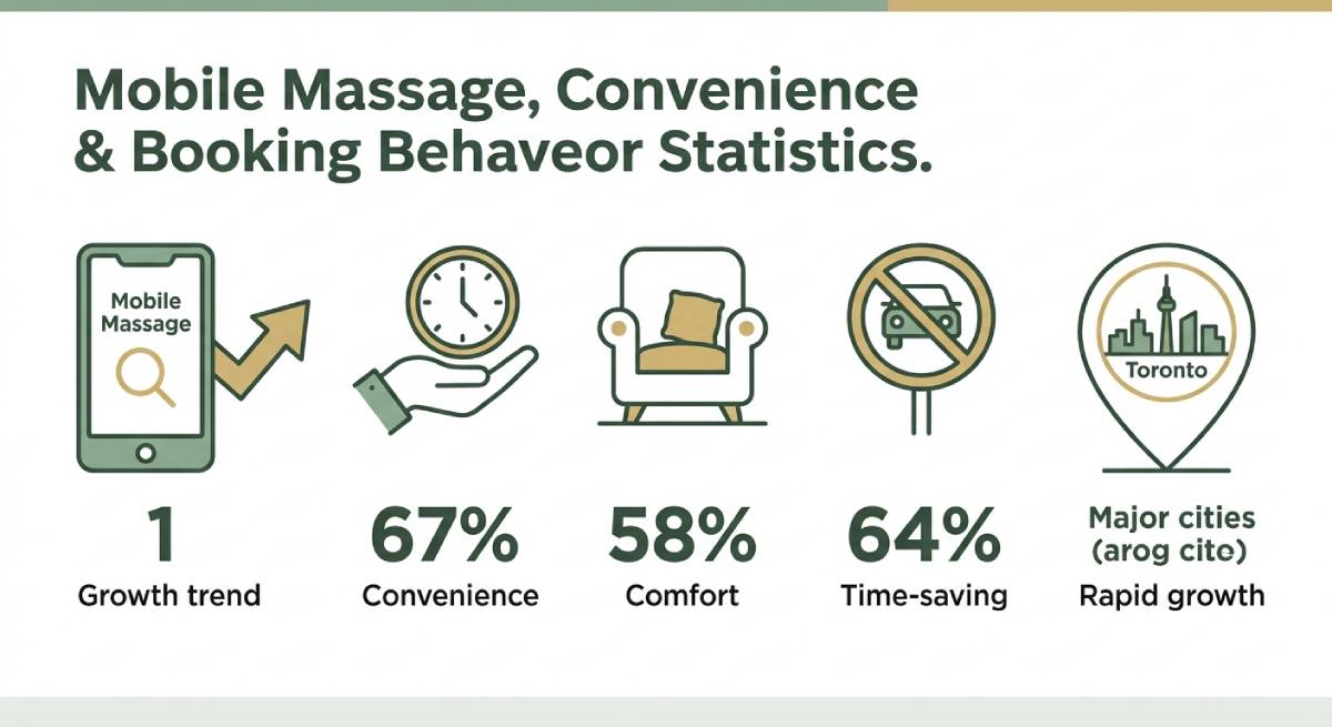 Infographic showing mobile massage convenience and booking behavior statistics, including comfort, time-saving benefits, and growth trends in Toronto.