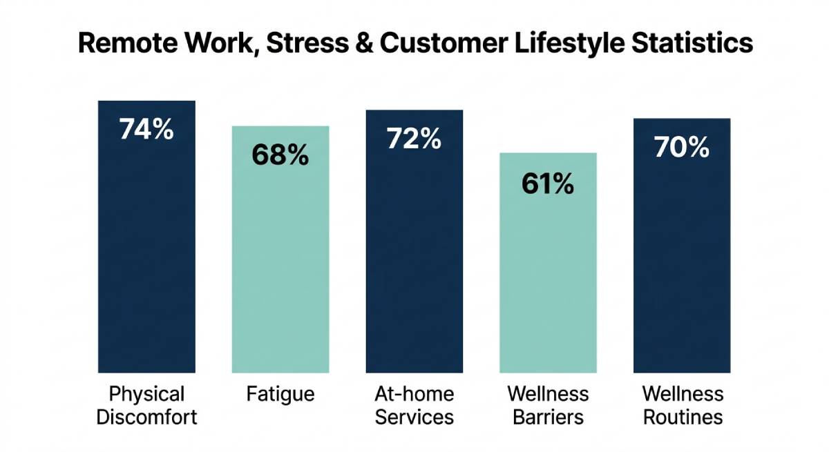 Bar chart showing remote work stress and wellness statistics, including physical discomfort, fatigue, at-home service demand, and wellness routine trends.