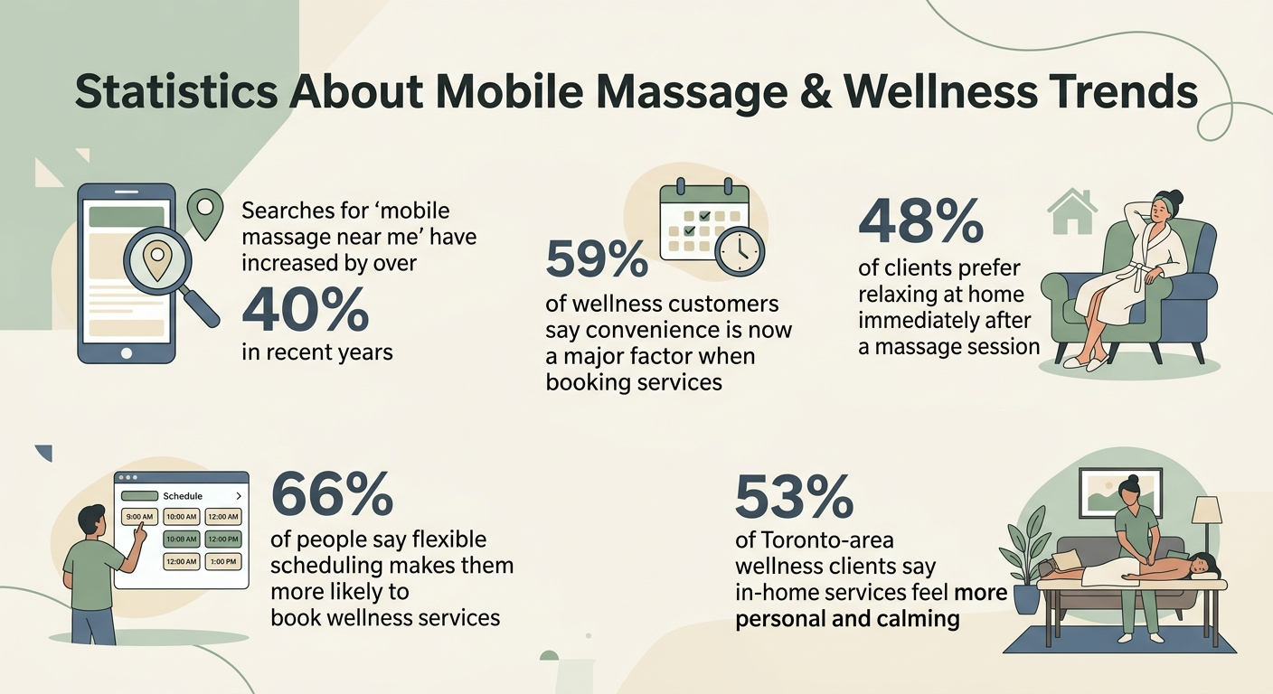 Infographic highlighting mobile massage trends: 40% rise in search interest, 59% value convenience, 48% prefer post-massage home relaxation, 66% want flexible scheduling, and 53% of Toronto clients find in-home services more calming. Infographic highlighting mobile massage trends: 40% rise in search interest, 59% value convenience, 48% prefer post-massage home relaxation, 66% want flexible scheduling, and 53% of Toronto clients find in-home services more calming.