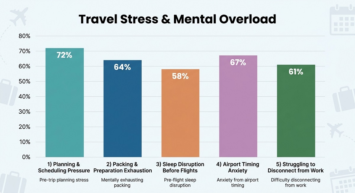 Bar chart showing percentages of travel-related stress factors: Planning (72%), Packing (64%), Sleep (58%), Airport Timing (67%), and Work Disconnection (61%). Bar chart showing percentages of travel-related stress factors: Planning (72%), Packing (64%), Sleep (58%), Airport Timing (67%), and Work Disconnection (61%).