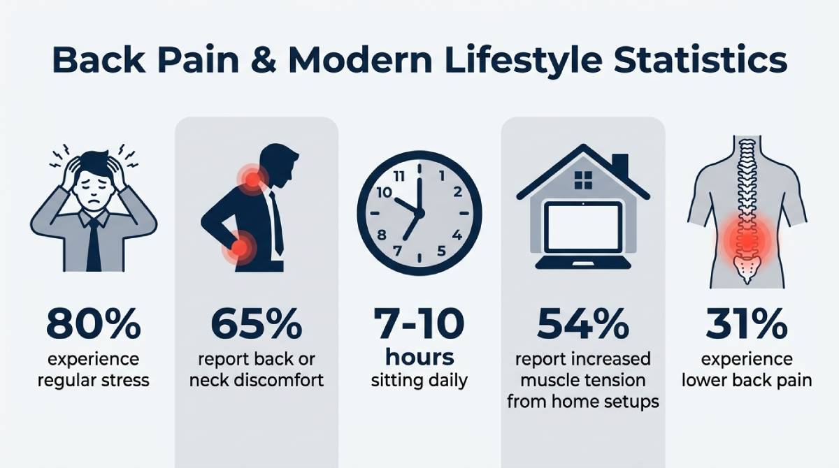 Infographic showing back pain and lifestyle statistics, including stress levels, sitting time, home office strain, and lower back pain rates. Infographic showing back pain and lifestyle statistics, including stress levels, sitting time, home office strain, and lower back pain rates.
