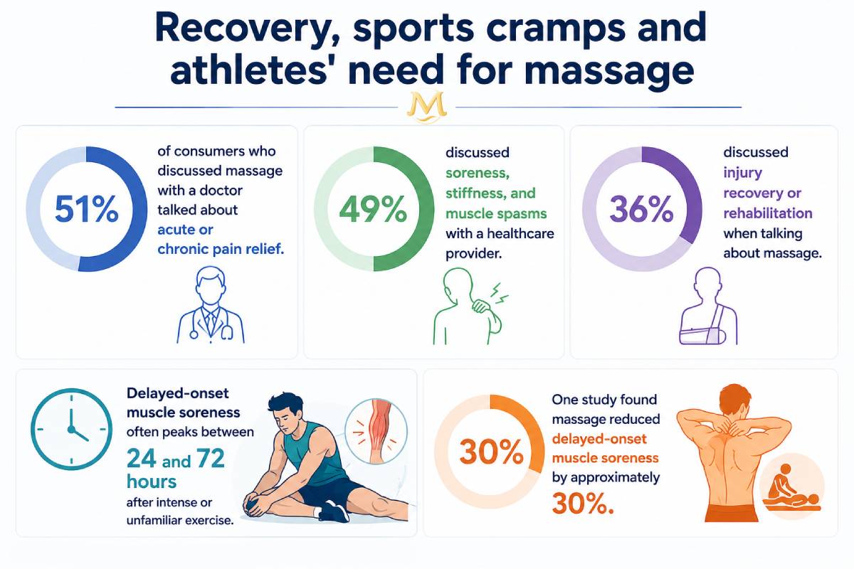 Infographic titled “Recovery, sports cramps and athletes’ need for massage” showing massage-related recovery statistics, including pain relief, muscle soreness, injury recovery, and delayed-onset muscle soreness reduction. Infographic titled “Recovery, sports cramps and athletes’ need for massage” showing massage-related recovery statistics, including pain relief, muscle soreness, injury recovery, and delayed-onset muscle soreness reduction.