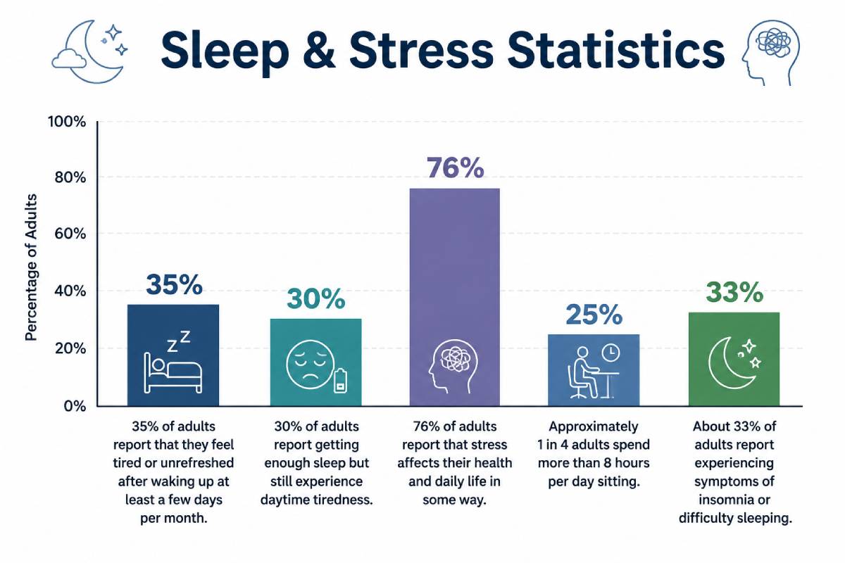 Sleep and stress statistics infographic showing adult sleep issues, stress impact, and tiredness percentages Sleep and stress statistics infographic showing adult sleep issues, stress impact, and tiredness percentages