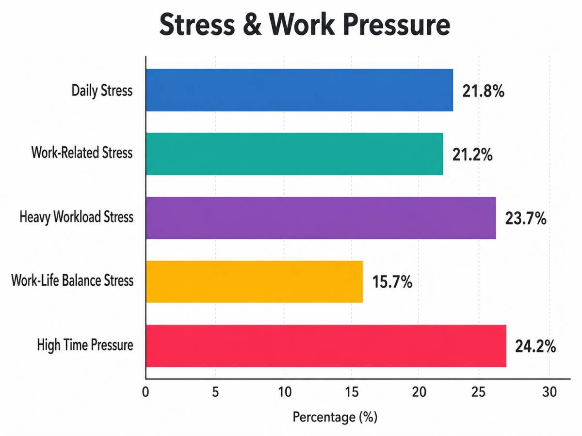 Horizontal bar chart titled “Stress & Work Pressure” showing high time pressure at 24.2%, heavy workload stress at 23.7%, daily stress at 21.8%, work-related stress at 21.2%, and work-life balance stress at 15.7%. Horizontal bar chart titled “Stress & Work Pressure” showing high time pressure at 24.2%, heavy workload stress at 23.7%, daily stress at 21.8%, work-related stress at 21.2%, and work-life balance stress at 15.7%.