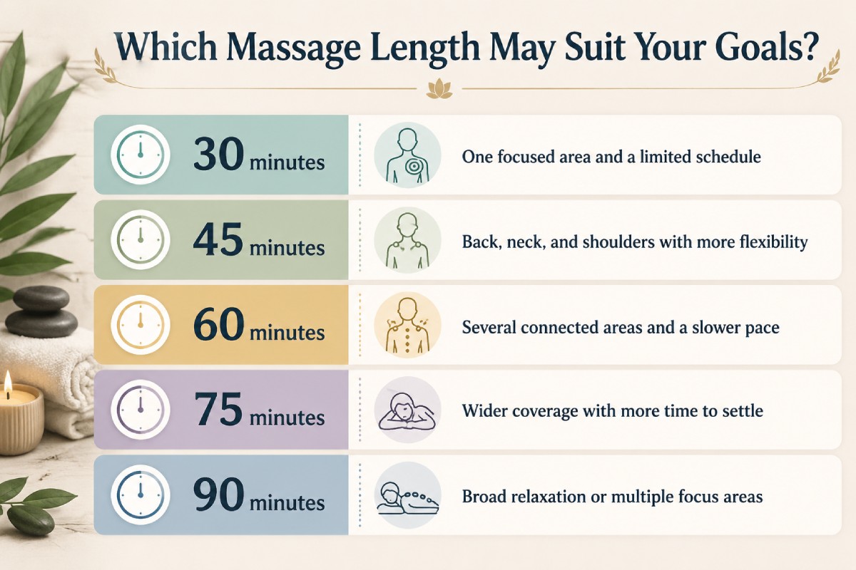 Infographic comparing 30-, 45-, 60-, 75-, and 90-minute massage sessions with suggested goals for each duration Infographic comparing 30-, 45-, 60-, 75-, and 90-minute massage sessions with suggested goals for each duration