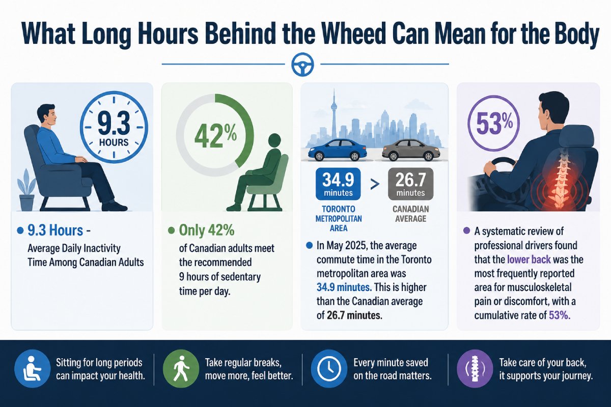 Infographic showing how long hours behind the wheel affect the body, including 9.3 daily sedentary hours among Canadian adults, 42% meeting sedentary-time guidelines, a 34.9-minute Toronto commute, and 53% lower-back discomfort among professional drivers.