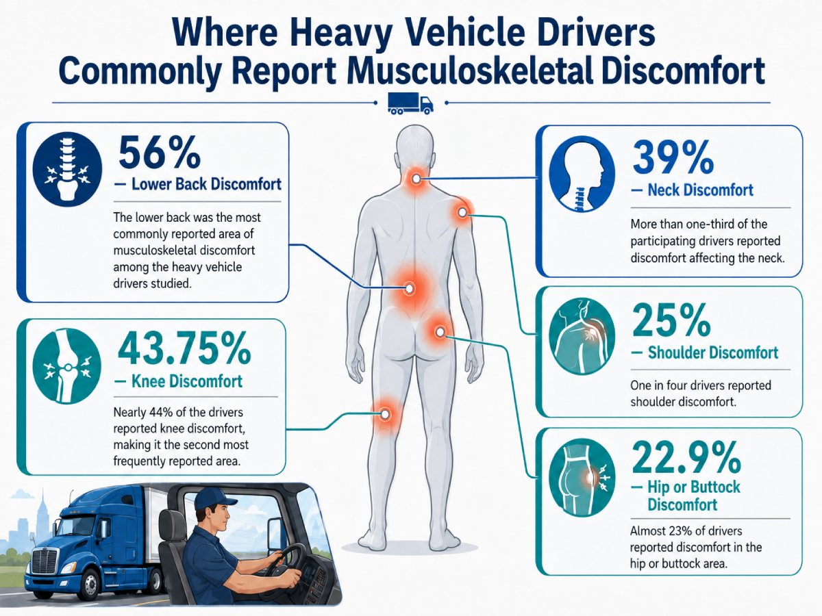 Infographic showing common areas of musculoskeletal discomfort reported by heavy vehicle drivers, highlighting lower back pain (56%), knee discomfort (43.75%), neck discomfort (39%), shoulder discomfort (25%), and hip or buttock discomfort (22.9%) with a driver illustration and pain points marked on the body.