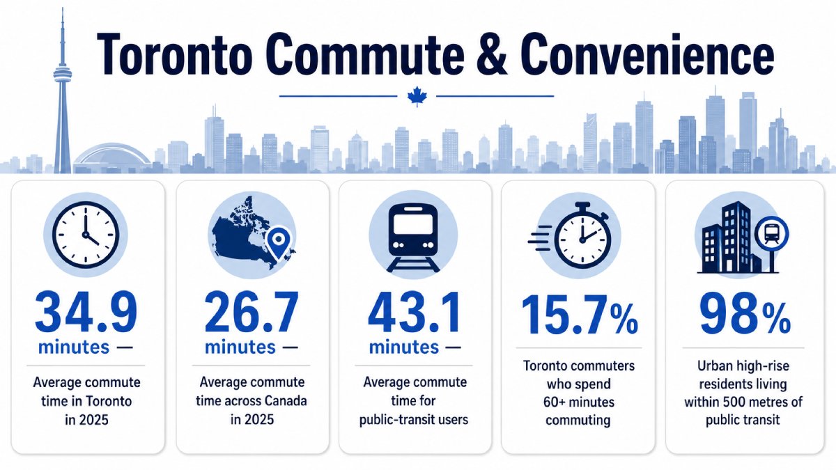 Infographic on Toronto commute and convenience showing a 34.9-minute average Toronto commute, 26.7-minute Canadian average, 43.1-minute public-transit commute, 15.7% of Toronto commuters travelling 60+ minutes, and 98% of urban high-rise residents living within 500 metres of public transit.
