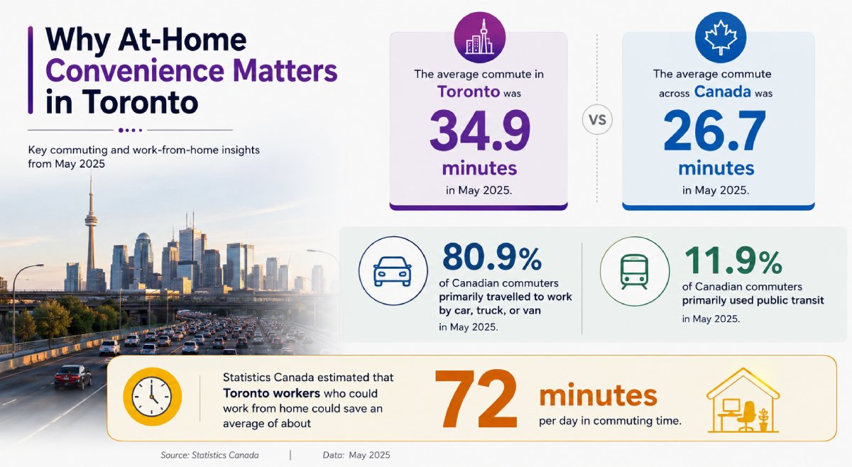 Infographic showing Toronto commuting and work-from-home statistics: Toronto’s average commute was 34.9 minutes versus 26.7 minutes across Canada, 80.9% of commuters travelled by car, 11.9% used public transit, and eligible Toronto workers could save about 72 minutes daily by working from home