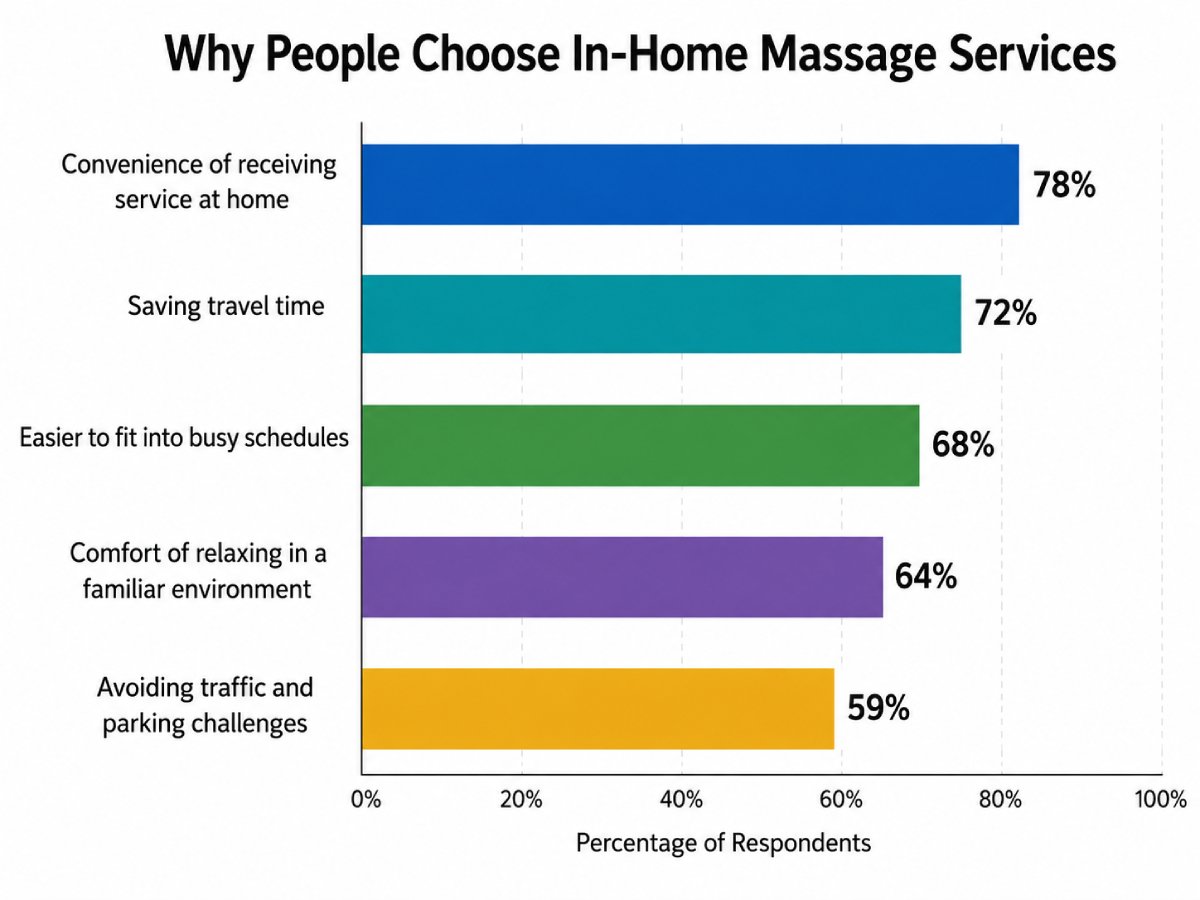Bar chart showing reasons people choose in-home massage services, including convenience, saving travel time, flexible scheduling, comfort, and avoiding traffic.
