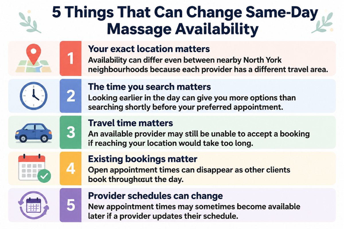 Infographic showing five factors that can affect same-day mobile massage availability, including location, search time, travel distance, existing bookings, and provider schedules. Infographic showing five factors that can affect same-day mobile massage availability, including location, search time, travel distance, existing bookings, and provider schedules.