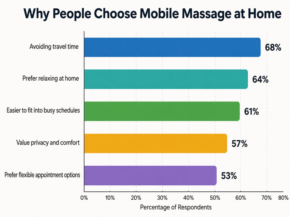 Mobile massage at home preference chart showing key reasons including convenience, comfort, flexible scheduling, and avoiding travel time. Mobile massage at home preference chart showing key reasons including convenience, comfort, flexible scheduling, and avoiding travel time.