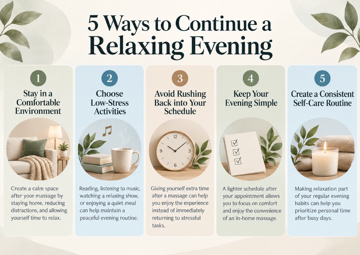 5 ways to keep your evening relaxed after an in-home massage with simple self-care tips. 5 ways to keep your evening relaxed after an in-home massage with simple self-care tips.
