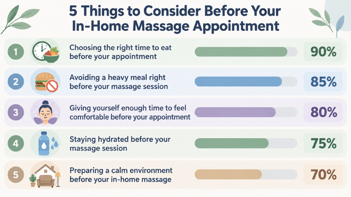 Infographic showing 5 in-home massage preparation tips, including meal timing, avoiding heavy meals, hydration, comfort, and creating a relaxing environment. Infographic showing 5 in-home massage preparation tips, including meal timing, avoiding heavy meals, hydration, comfort, and creating a relaxing environment.
