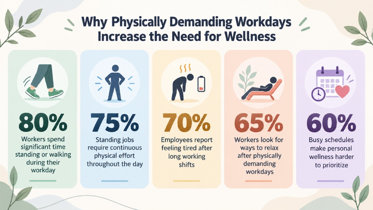 Infographic about physically demanding workdays showing worker fatigue, standing jobs, relaxation needs, and the importance of wellness routines