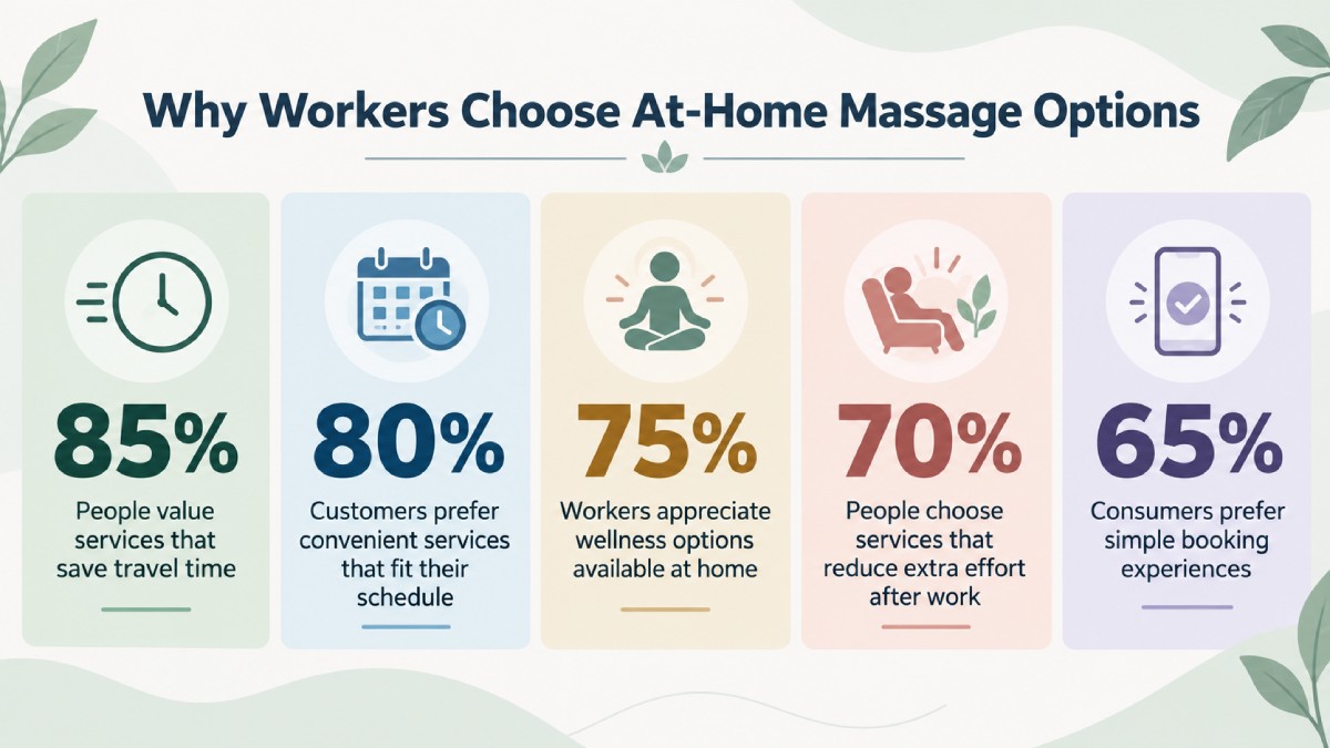 Why workers choose at-home massage options infographic showing convenience, flexible scheduling, and relaxation benefits after work. Why workers choose at-home massage options infographic showing convenience, flexible scheduling, and relaxation benefits after work.