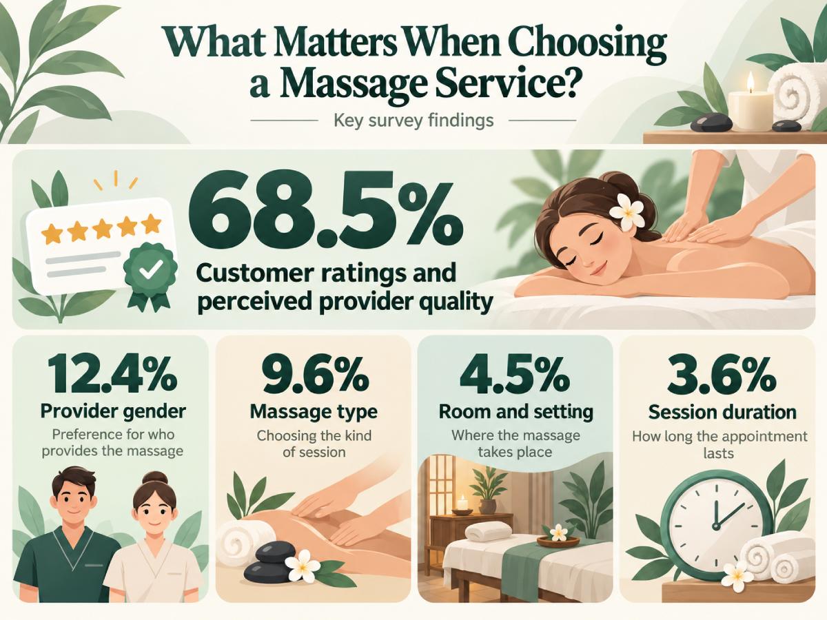 Infographic showing five factors influencing massage service selection: provider ratings and quality (68.5%), provider gender (12.4%), massage type (9.6%), room and setting (4.5%), and session duration (3.6%). Infographic showing five factors influencing massage service selection: provider ratings and quality (68.5%), provider gender (12.4%), massage type (9.6%), room and setting (4.5%), and session duration (3.6%).