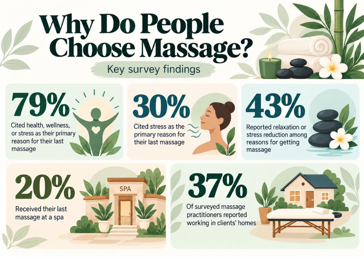 Infographic showing five massage survey findings: 79% cited health, wellness, or stress as their main reason for massage, 30% cited stress, 43% reported relaxation or stress reduction, 20% received their last massage at a spa, and 37% of surveyed practitioners worked in clients' homes. Infographic showing five massage survey findings: 79% cited health, wellness, or stress as their main reason for massage, 30% cited stress, 43% reported relaxation or stress reduction, 20% received their last massage at a spa, and 37% of surveyed practitioners worked in clients' homes.