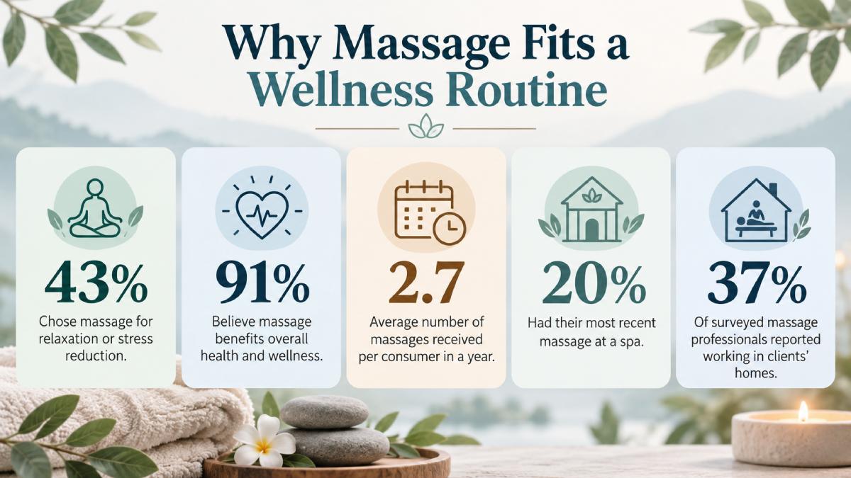 Infographic showing why massage fits a wellness routine, highlighting 43% choosing massage for relaxation, 91% believing in wellness benefits, 2.7 annual massages per consumer, 20% visiting spas, and 37% of massage professionals working in clients’ homes. Infographic showing why massage fits a wellness routine, highlighting 43% choosing massage for relaxation, 91% believing in wellness benefits, 2.7 annual massages per consumer, 20% visiting spas, and 37% of massage professionals working in clients’ homes.