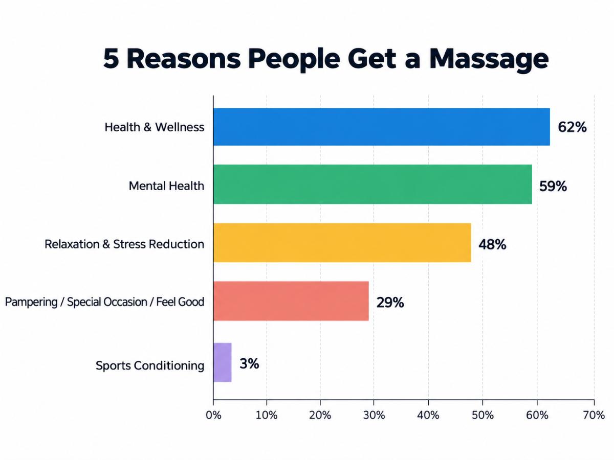 Horizontal bar chart showing five reasons people get a massage: health and wellness (62%), mental health (59%), relaxation and stress reduction (48%), pampering or special occasions (29%), and sports conditioning (3%). Horizontal bar chart showing five reasons people get a massage: health and wellness (62%), mental health (59%), relaxation and stress reduction (48%), pampering or special occasions (29%), and sports conditioning (3%).