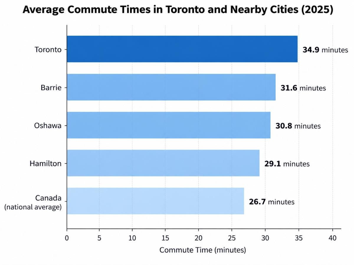 Horizontal bar chart comparing average commute times in 2025: Toronto (34.9 minutes), Barrie (31.6), Oshawa (30.8), Hamilton (29.1), and Canada’s national average (26.7). Horizontal bar chart comparing average commute times in 2025: Toronto (34.9 minutes), Barrie (31.6), Oshawa (30.8), Hamilton (29.1), and Canada’s national average (26.7).